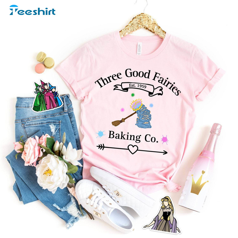 Three Good Fairies Baking Co Shirt, Princess Aurora Birthday Cake Crewneck Sweater Three Good Fairies Baking Co Shirt, Princess Aurora Birthday Cake Crewneck Sweater