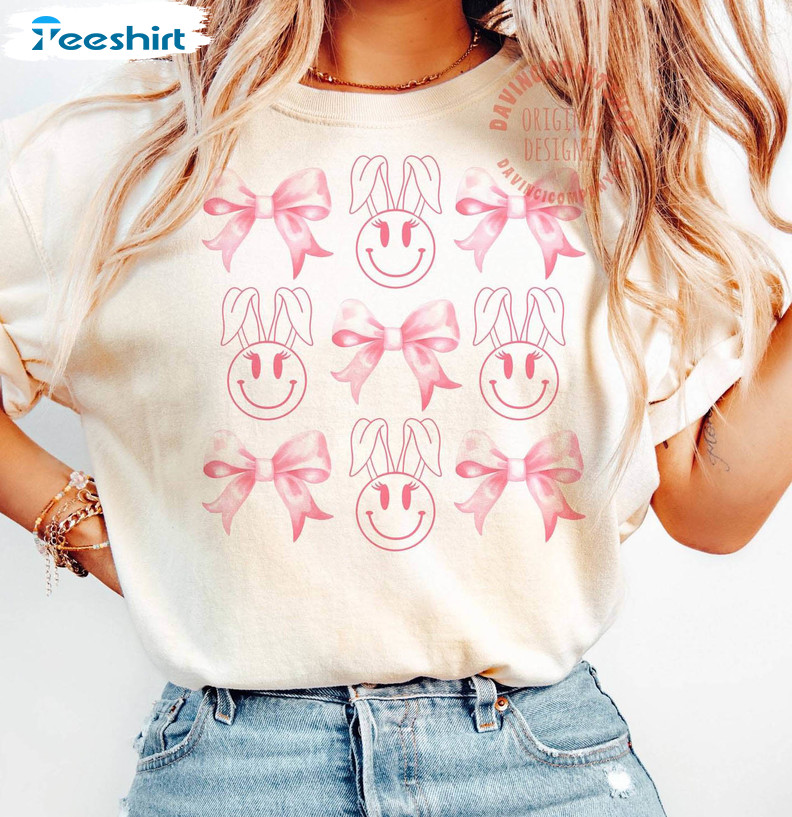 Coquette Bunny Smile Face Shirt, Pink Bow Easter Short Sleeve Tee Tops